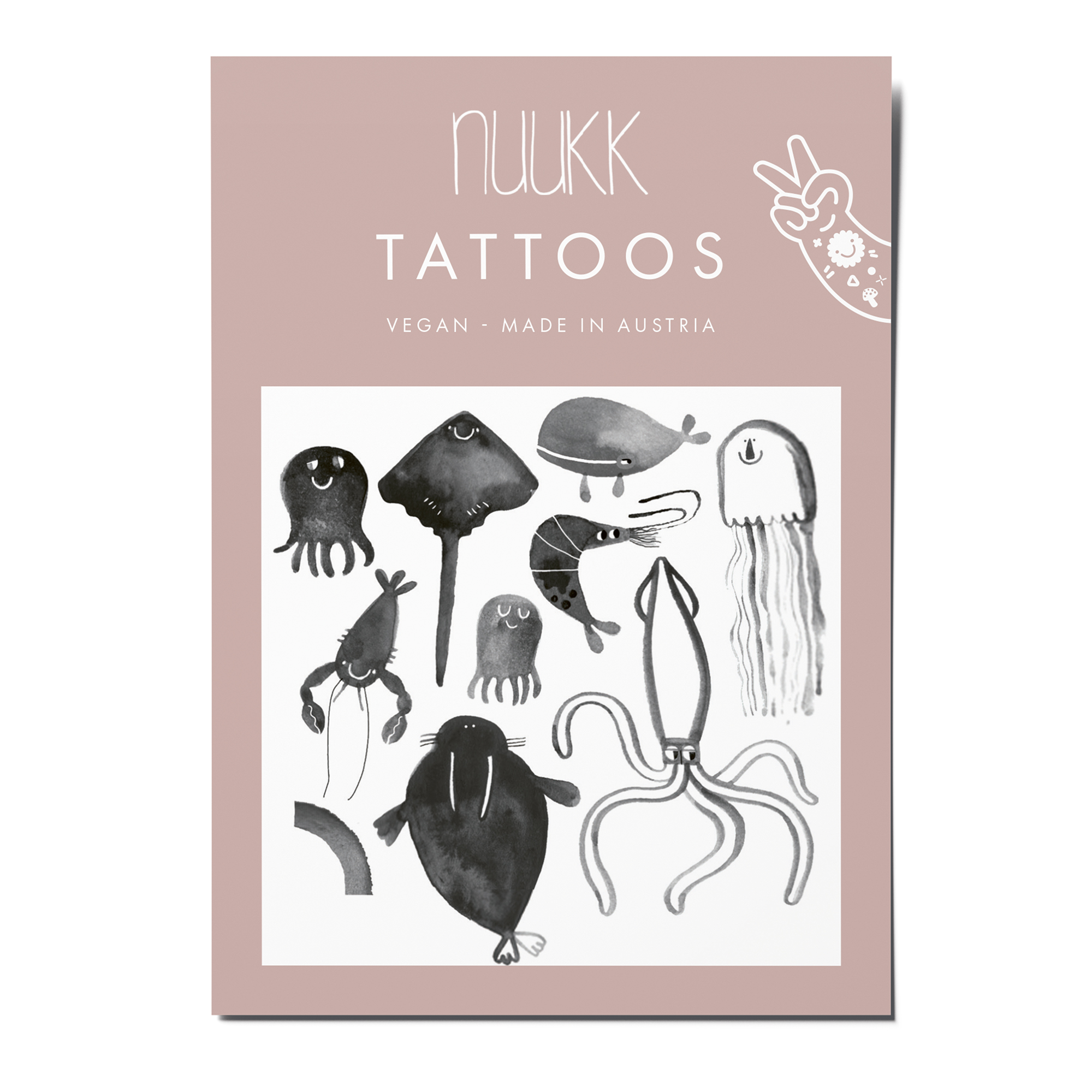 nuukk vegane Kindertattoos “Ode an die See” Nachhaltige nuukk Bio Kindertattoos / Tattoos, vegan, Motive: Tintenfisch, Wal, Walross, Hummer