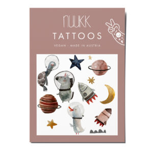 nuukk Bio Kindertattoos / Tattoos, vegan, Motiv: Space (Weltraum, Schildkröte, Einhorn, Ente, Rakete, Sterne, Mond). Aquarellzeichnung von Halfbird