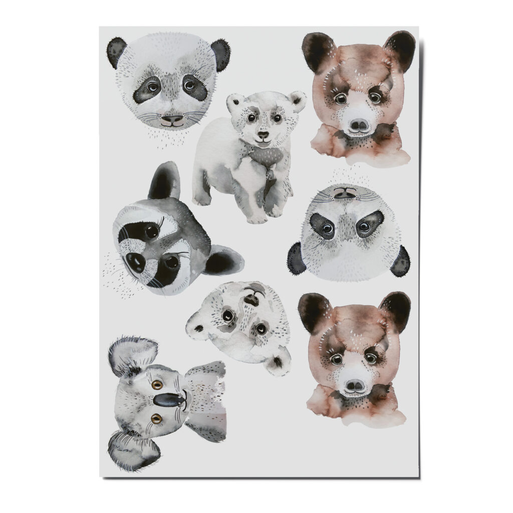nuukk nachhaltige Kindertattoos “Bären” mit Braunbär, Panda, Eisbär und Koala. Süße Aquarellzeichnungen. Tattoos Bären