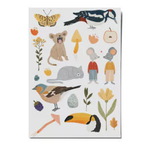 nuukk nachhaltige Kindertattoos “Kleiner Specht” mit Illustrationen von Lenja Lorkowski. Zeichnungen, Motive: Specht, Mäuse, kleiner Löwe, Schmetterling, Blumen und Katze. Tattoos Kleiner Specht
