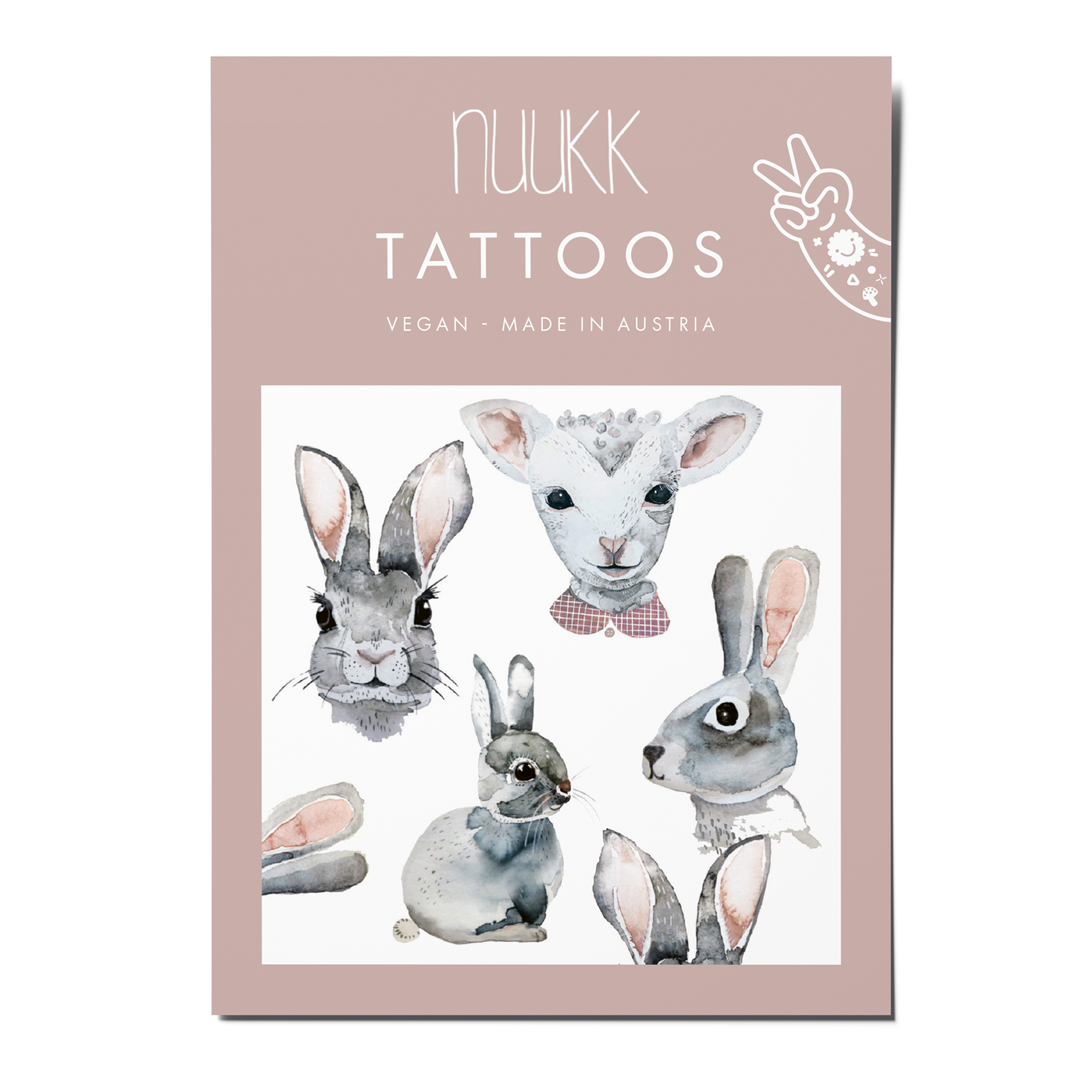 nuukk nachhaltige Kindertattoos “Hasen”. Für's Osternest und zum Ostereier-Verschönern: Osterhase und Lamm als süße Aquarellzeichnungen.