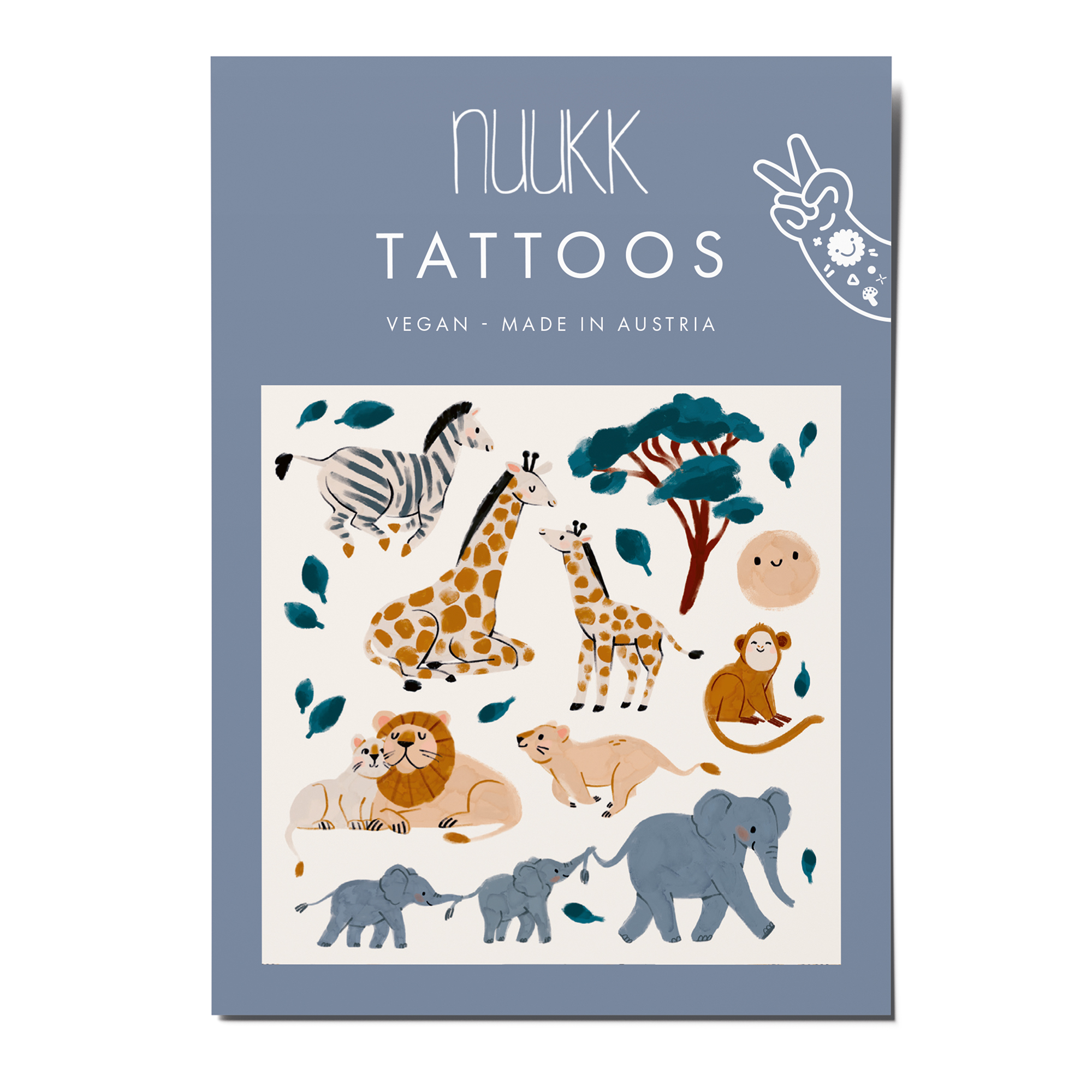 nuukk nachhaltige Kindertattoos Safari. Illustrationen von Elena Comte. Tiere, wie man sie in Afrika findet: Affe, Zebra, Giraffe, Löwe und Elefant.