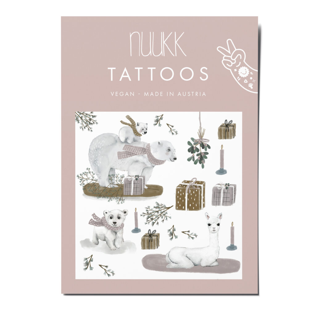 nuukk Bio Kindertattoos / Tattoos, vegan, Motive: Weihnachten, Winter, Eisbär, Alpaka, Geschenke. Winterliche Tiere Tattoos