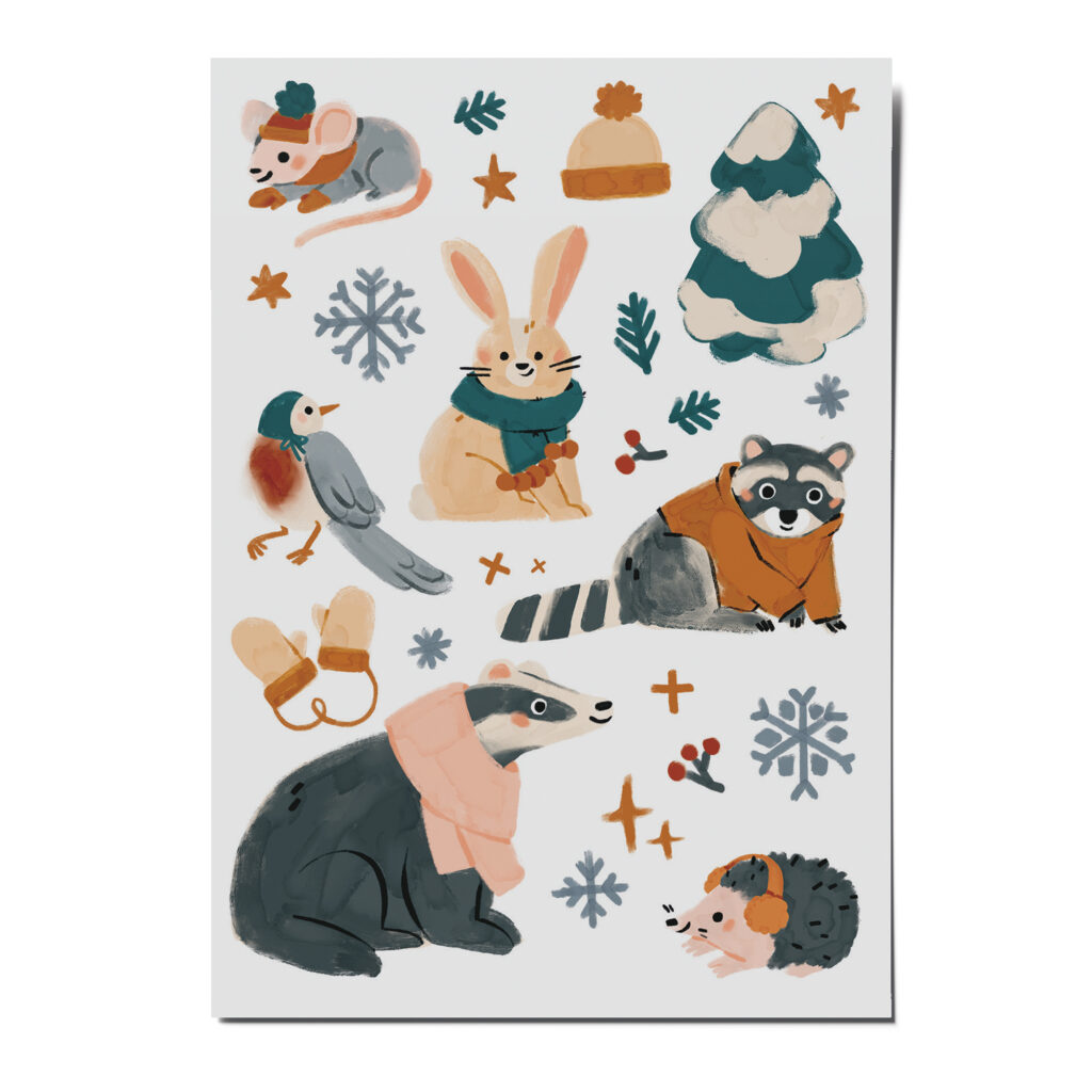 nuukk nachhaltige Kindertattoos “Mützen und Handschuhe” mit Illustrationen von Elena Comte. Tattoos Mützen und Handschuhe. Winterliche Motive mit Hase, Dachs, Waschbaer und Igel