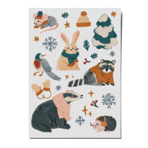 nuukk nachhaltige Kindertattoos “Mützen und Handschuhe” mit Illustrationen von Elena Comte. Tattoos Mützen und Handschuhe. Winterliche Motive mit Hase, Dachs, Waschbaer und Igel