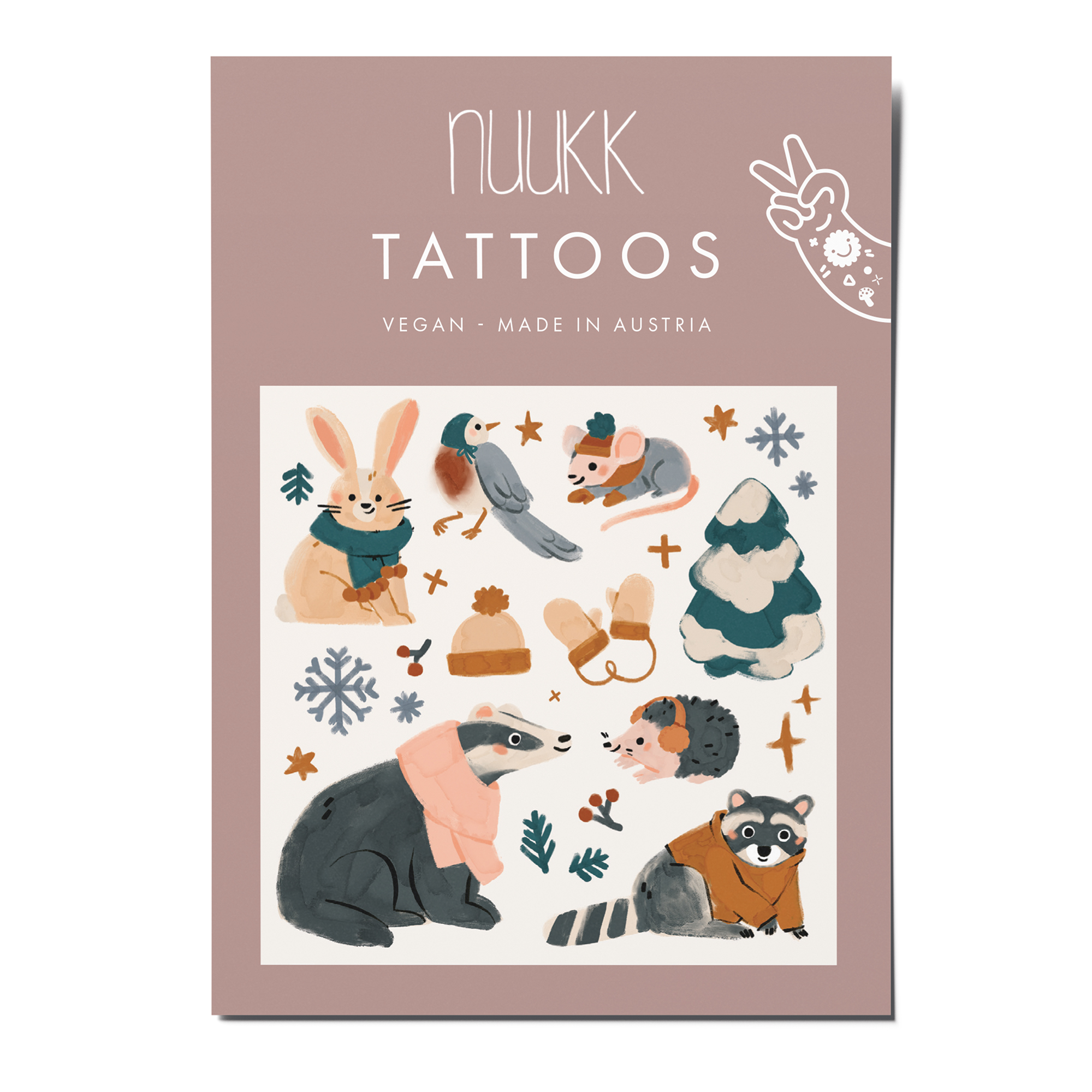 nuukk nachhaltige Kindertattoos Mützen und Handschuhe mit Illustrationen von Elena Comte. Tattoos Mützen und Handschuhe. Winterliche Motive mit Hase, Dachs, Waschbaer und Igel