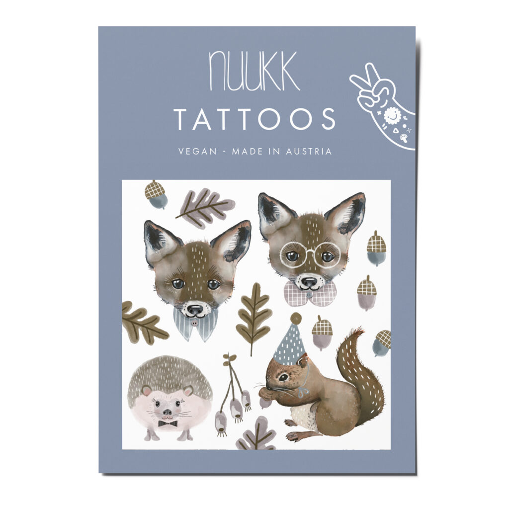 nuukk Bio Kindertattoos Fuchs und Eichhörnchen / Tattoos, vegan, Motive: Fuchs, Eichhörnchen, Igel, Herbst, Waldtiere