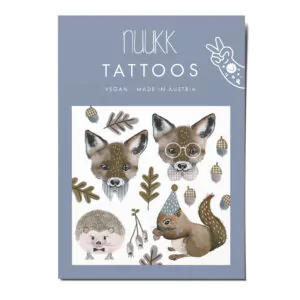 nuukk Bio Kindertattoos Fuchs und Eichhörnchen / Tattoos, vegan, Motive: Fuchs, Eichhörnchen, Igel, Herbst, Waldtiere