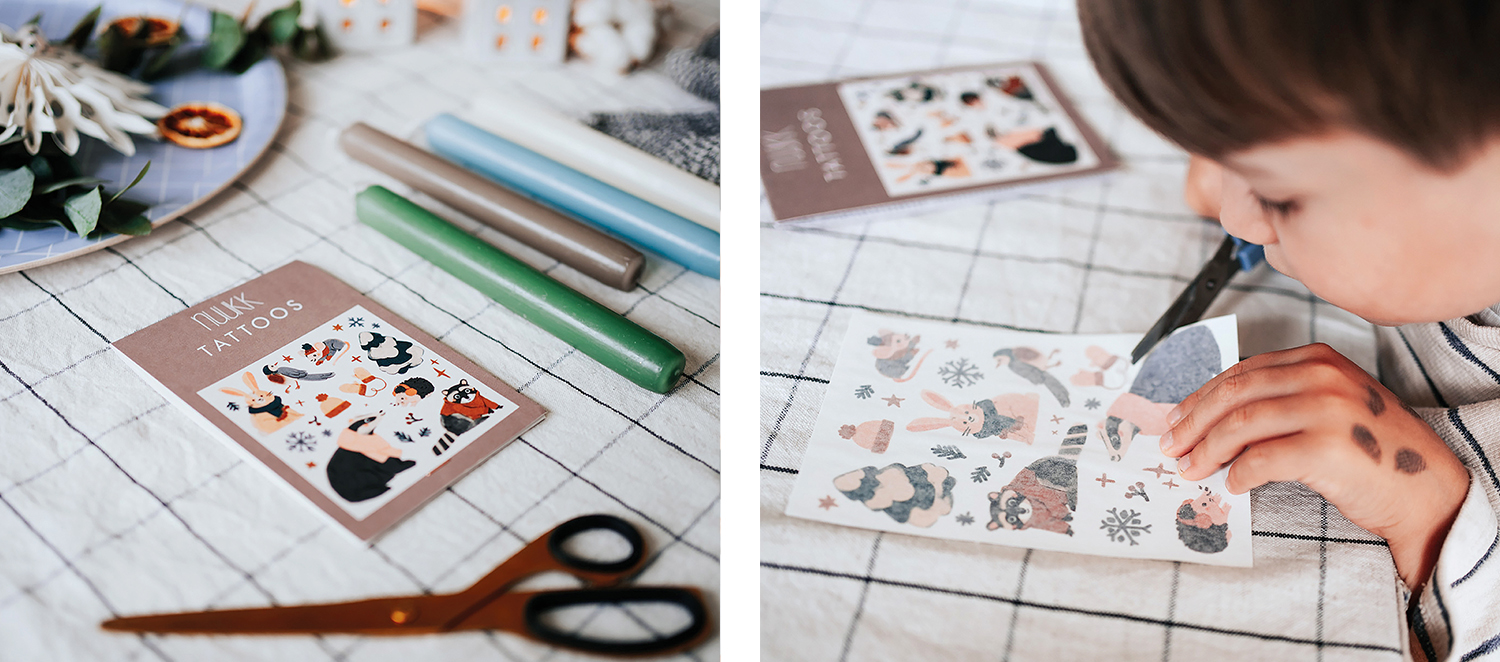 nuukk Kindertattoos mit Weihnachtsmotiven zum Verzieren von Kerzen, Kerzen verzieren, Kerzen dekorieren. Motive: Dachs, Hase, Maus, Weihnachten, Igel, Waschbär