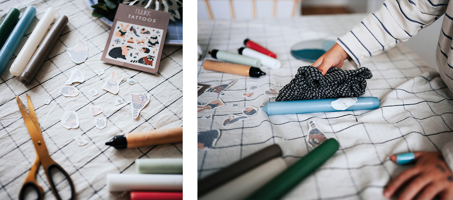 nuukk Kindertattoos mit Weihnachtsmotiven zum Verzieren von Kerzen, Kerzen verzieren, Kerzen dekorieren. Motive: Dachs, Hase, Maus, Weihnachten, Igel, Waschbär