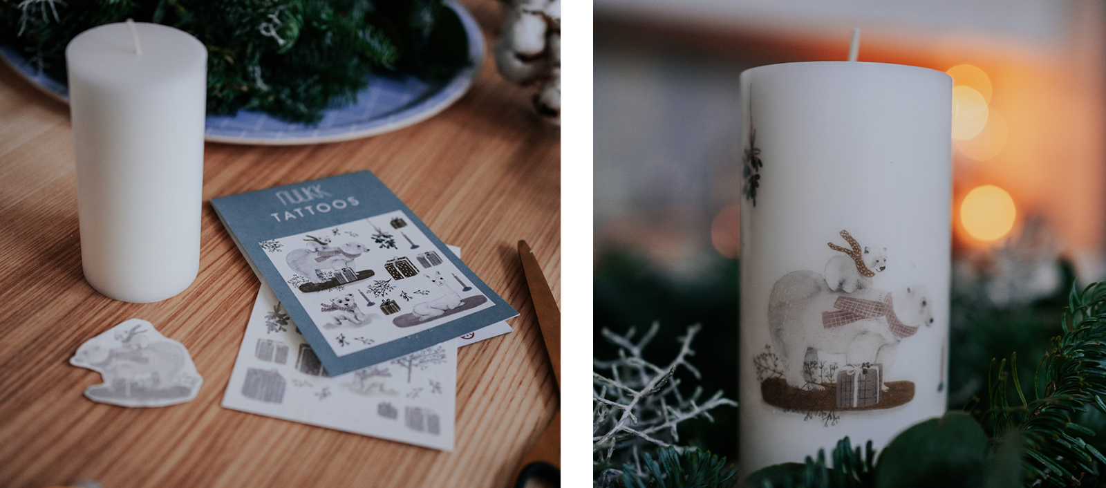 kranzbinden-zweige-nuukk-adventskranz-diy-kerzen-dekorieren Adventskranz selber machen, Hygge, Kerzen verzieren mit Kindertattoos, Eisbär, Adventskranz binden, Anleitung