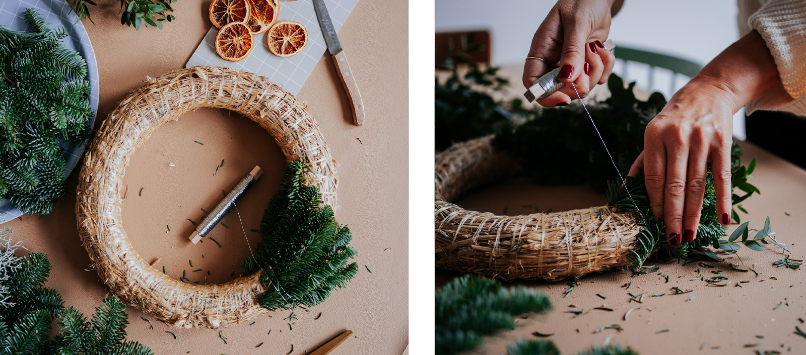 kranzbinden-zweige-nuukk-adventskranz-diy-tannenzweige-anordnen Adventskranz selber machen, Hygge, Kerzen verzieren mit Kindertattoos, Eisbär, Adventskranz binden, Anleitung