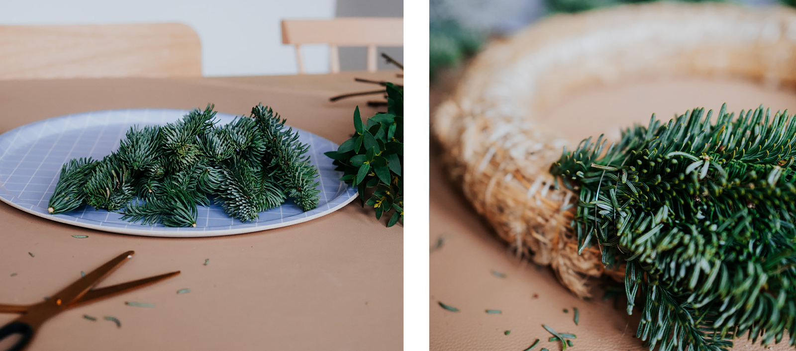 kranzbinden-zweige-nuukk-adventskranz-diy Adventskranz selber machen, Hygge, Kerzen verzieren mit Kindertattoos, Eisbär, Adventskranz binden, Anleitung