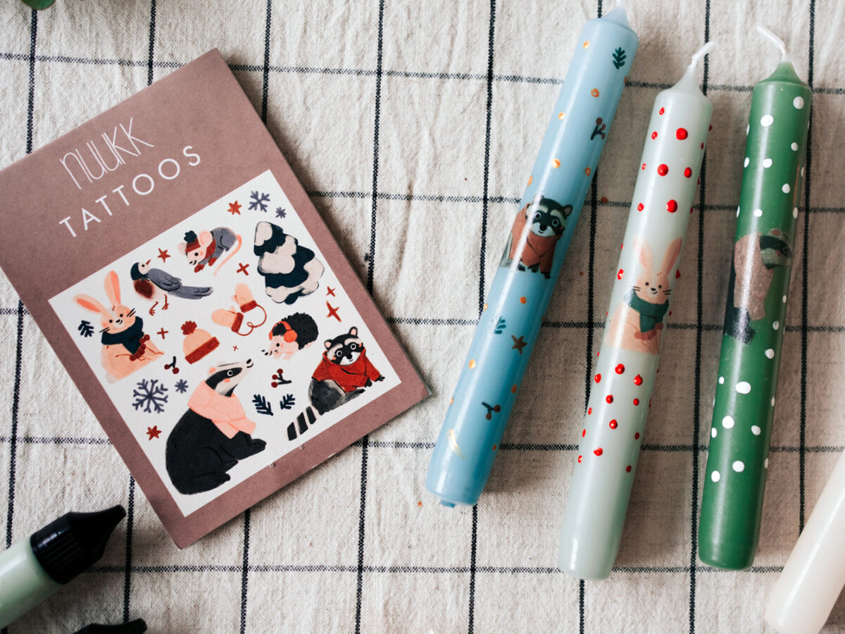 nuukk Kindertattoos mit Weihnachtsmotiven zum Verzieren von Kerzen, Kerzen verzieren, Kerzen dekorieren. Motive: Dachs, Hase, Maus, Weihnachten, Igel, Waschbär, Weihnachtsgeschenke für Kinder, Nachhaltige Weihnachtsgeschenke