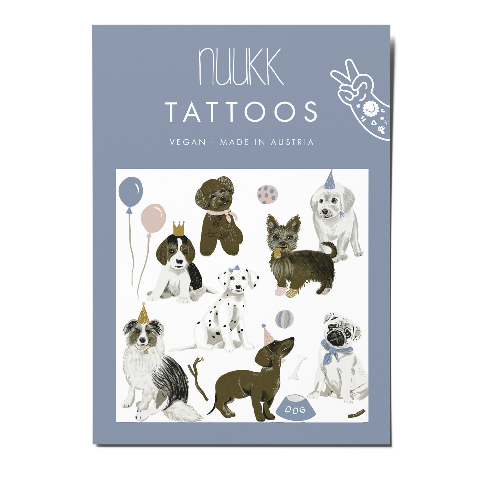 Vegane Kindertattoos “Hunde”. Bio Tattoos für Kinder. Motive: Dackel, Pudel, Mops, Labrador. vegan