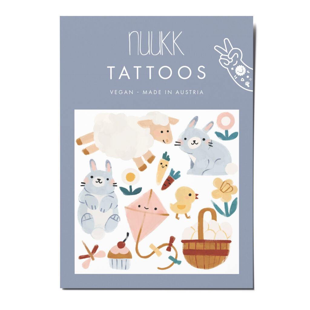 nuukk nachhaltige Kindertattoos / Tattoos, vegan, Motive: Ostern, Lamm, Hase, Osternest, Ostereier, Osterhase. Tattoos Ostertiere