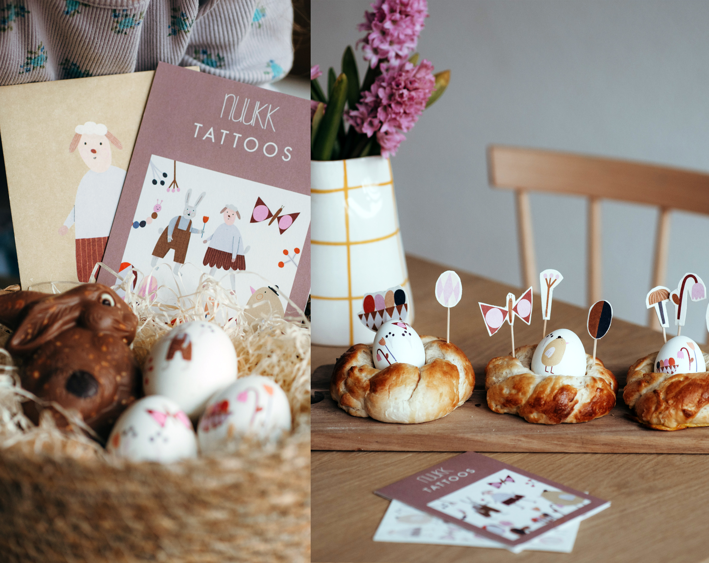 Ostertisch schmücken mit Postkarten und Tattoos, Motive: Hase und Lamm, Schmetterlinge