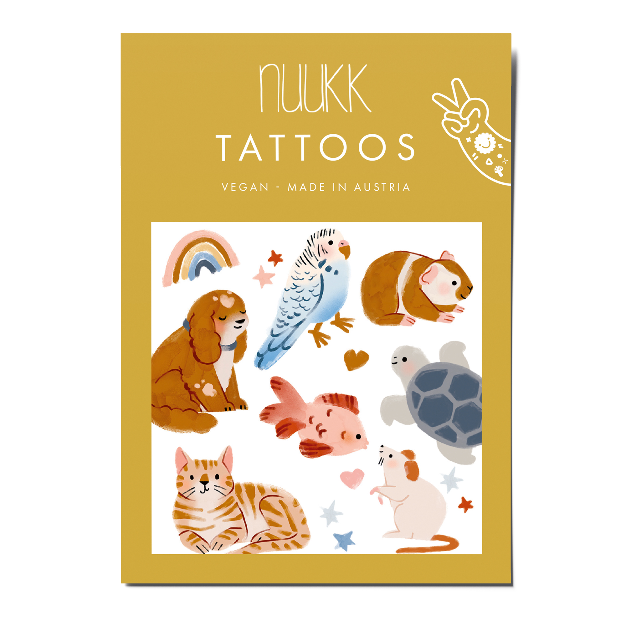 Kindertattoos Haustiere, nuukk nachhaltige Kindertattoos “ Haustiere”: mit Illustrationen von Elena Comte. Süße Motive, wie Wellensittich, Hund, Katze, Maus, Haustiere, Meerschweinchen