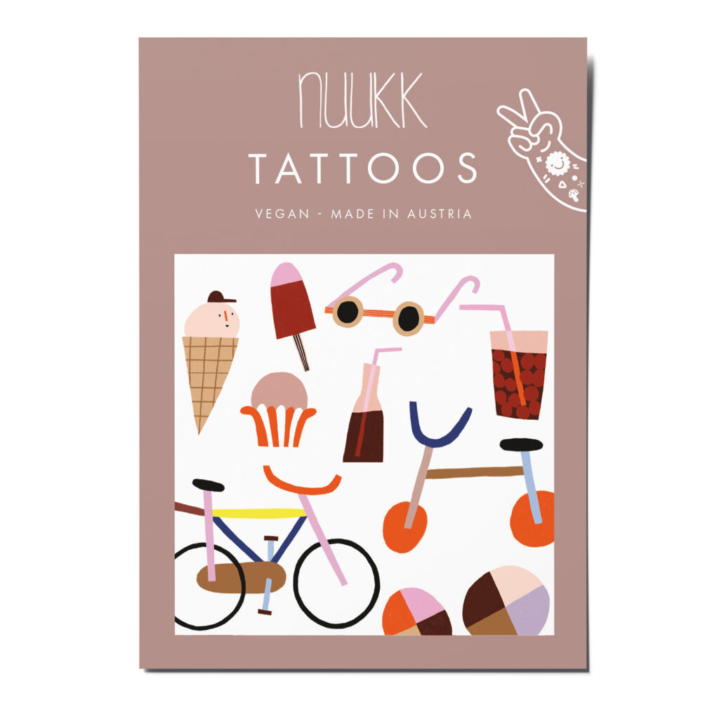 nuukk nachhaltige Kindertattoos “Sommer”: mit Illustrationen von Anna Katharina Jansen. Sommerliche Motive, wie Sonnenbrille, Eis, Eistüte, Fahrrad, Limonade. Tattoos Fahrrad