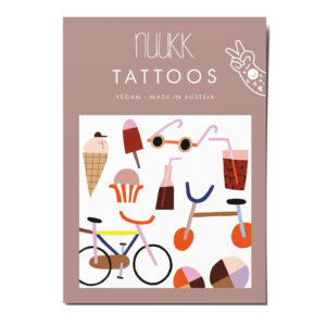 nuukk nachhaltige Kindertattoos “Sommer”: mit Illustrationen von Anna Katharina Jansen. Sommerliche Motive, wie Sonnenbrille, Eis, Eistüte, Fahrrad, Limonade. Tattoos Fahrrad