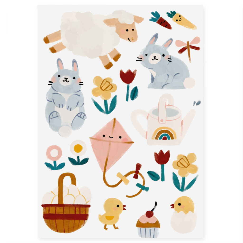 nuukk Postkarte aus Holzschliffpappe mit Osternest Hase Lamm Küken Ostereier