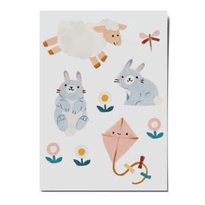 Bügelbilder Frühlingstiere von nuukk für Kinder mit tollen Frühlings-Motiven: Lamm, Hase, Blume.. Zum Aufbügeln auf Textilien. Einfach Flecken und kleine Löcher abdecken.