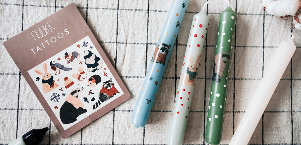 nuukk Kindertattoos mit Weihnachtsmotiven zum Verzieren von Kerzen, Kerzen verzieren, Kerzen dekorieren. Motive: Dachs, Hase, Maus, Weihnachten, Igel, Waschbär, Weihnachtsgeschenke für Kinder, Nachhaltige Weihnachtsgeschenke, Weihnachtsgeschenk