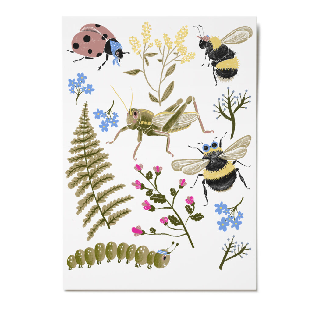 Tattoos Bienen. Vegane Kindertattoos “Insekten”. Bio Tattoos für Kinder. Motive: Biene, Marienkäfer, Grashüpfer, Raupe, Farn, Blumen. Ungiftig