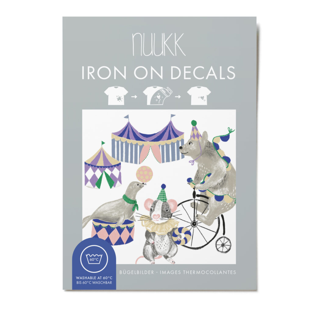 Nuukk Bügelbilder Zirkus mit buntem Zirkuszelt, Bär und Robbe und Maus. Waschbar bei 60C, trocknergeeignet