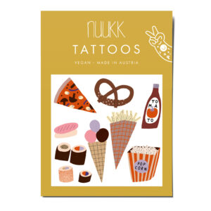 Kindertattoos Fastfood, Tattoos Fastfood. nuukk nachhaltige Kindertattoos “Fastfood”: mit Illustrationen von Anna Katharina Jansen. Popcorn, Pommes, Ketchup, Pizza, Breze, Eis, Sushi