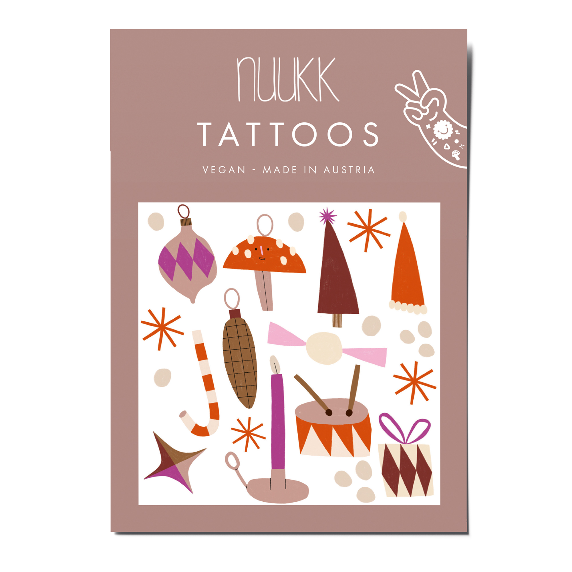 Kindertattoos Weihnachten, nuukk nachhaltige Kindertattoos “ Weihnachten”: mit festlichen Illustrationen von Anna Katharina Jansen. Perfekt für den Adventskalender mit folgende Motiven: Weihnachtsschmuck, Christbaumkugel, Zuckerkringel, Trommel, Kerze, Geschenk, Stern. Tattoos Weihnachten