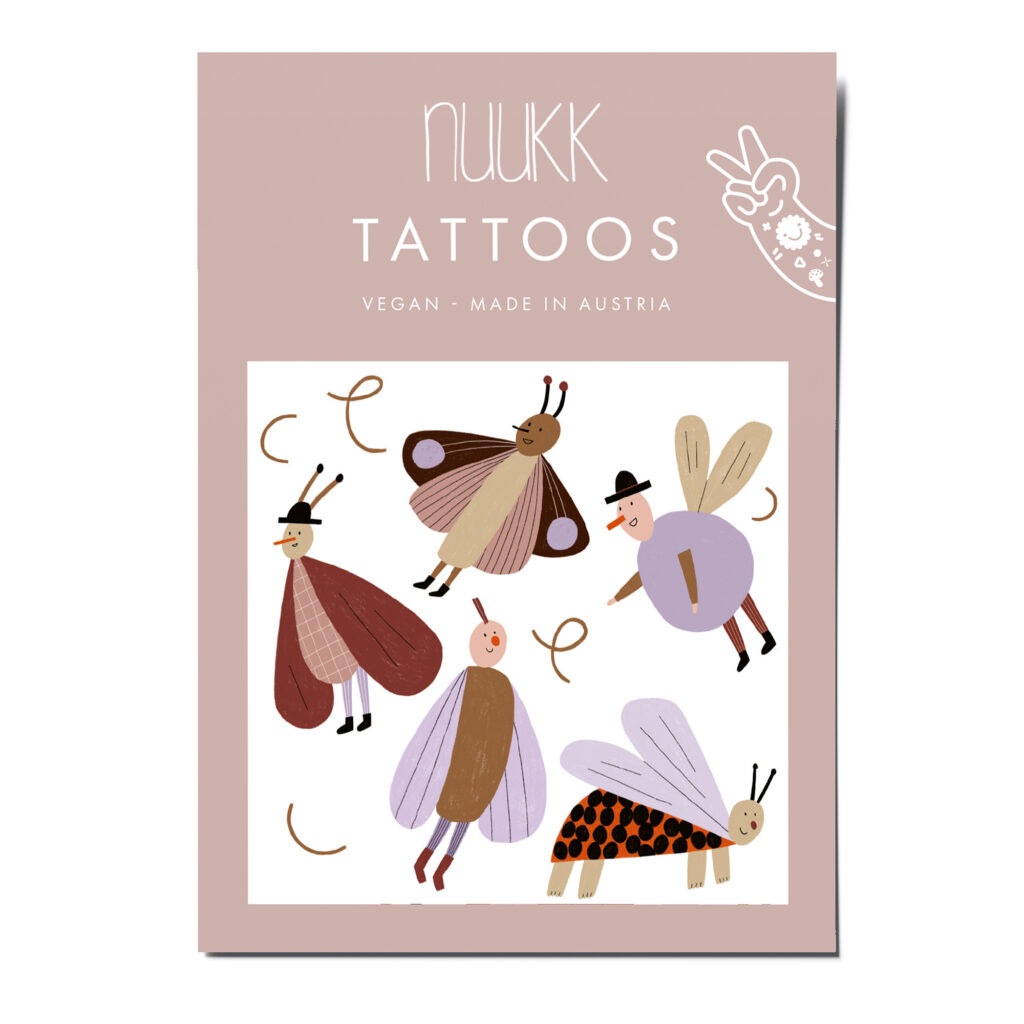 Tattoos Flatter-Freunde. nuukk nachhaltige Kindertattoos Flatter-Freunde: mit Illustrationen von Anna Katharina Jansen. Schmetterlinge, Marienkäfer, Falter, Insekten, Falter, Biene, Hummel. Es summt und brummt.