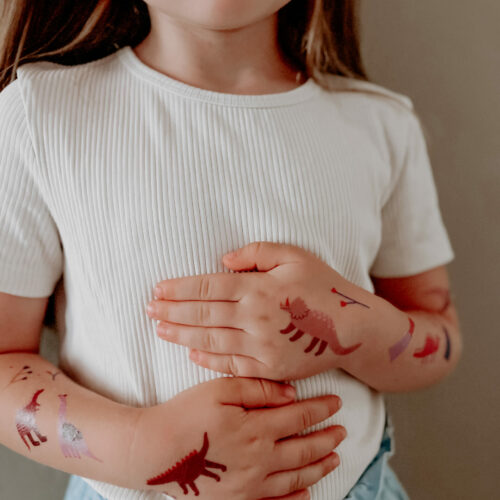 Tattoos-nuukk-11-web Nachhaltige Kindertattoos “Dinos” von nuukk mit Illustrationen von Anna Katharina Jansen. Motive: Triceratops, Flugsaurier, Brachiosaurus, Vulkan, Kindertattoos Tiere
