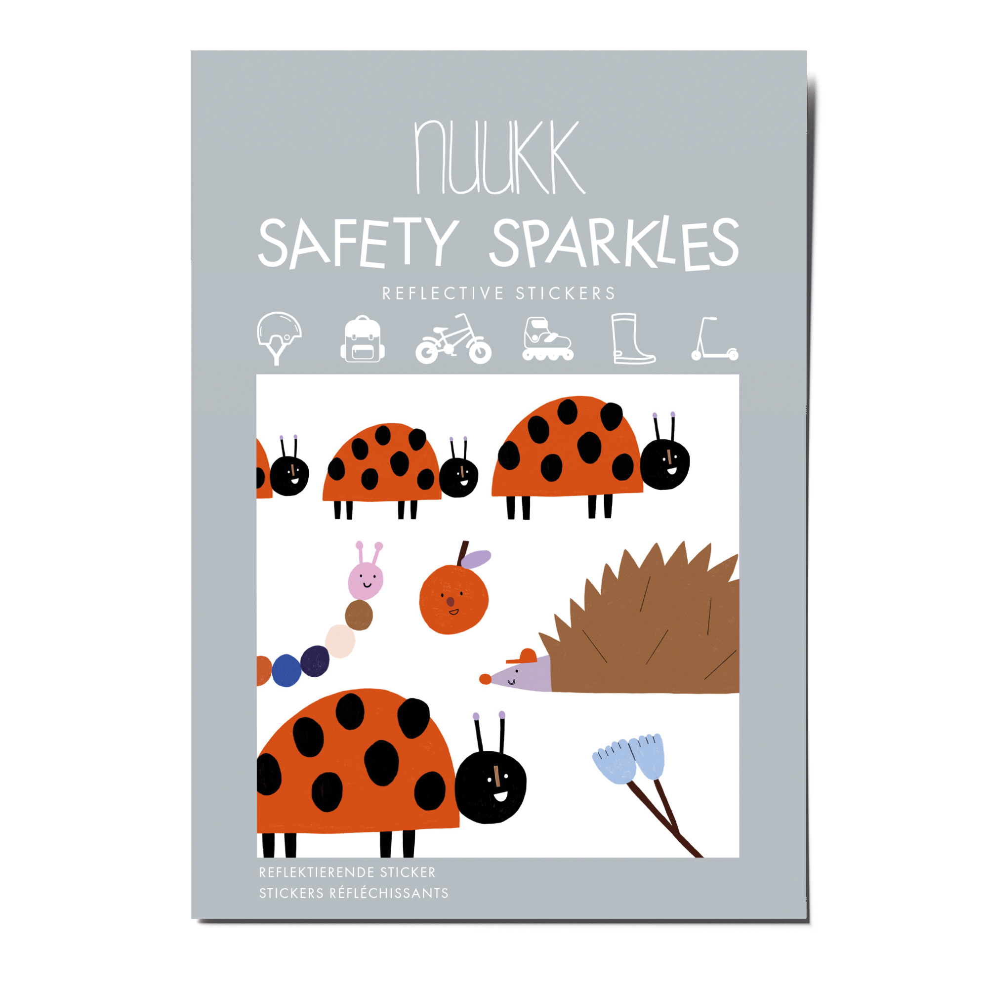 Reflektierende Sticker Marienkäfer. Reflektierende Aufkleber auf Fahrradhelm. Motive: Käfer, Igel, Raupe, Blume