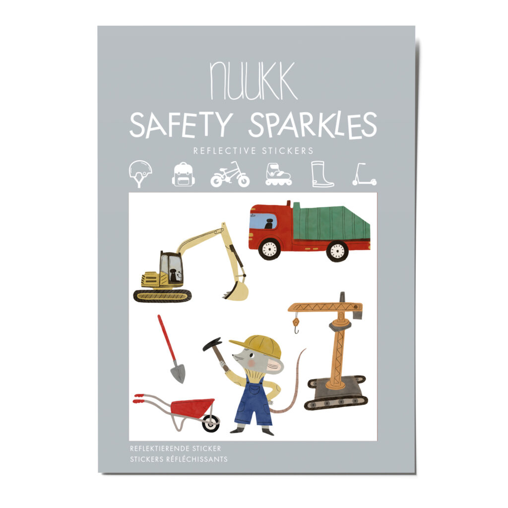 Reflektierende Sticker Baustelle. Reflektierende Aufkleber auf Fahrradhelm. Motive: Maus, Baustelle, Kran, Lastwagen, Schubkarre