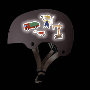 Reflektierende Sticker Baustelle. Reflektierende Aufkleber auf Fahrradhelm, Motive: Laster, Kran, Bauarbeiter, Bagger, Wühlmaus, Reflektierende Sticker Baustelle
