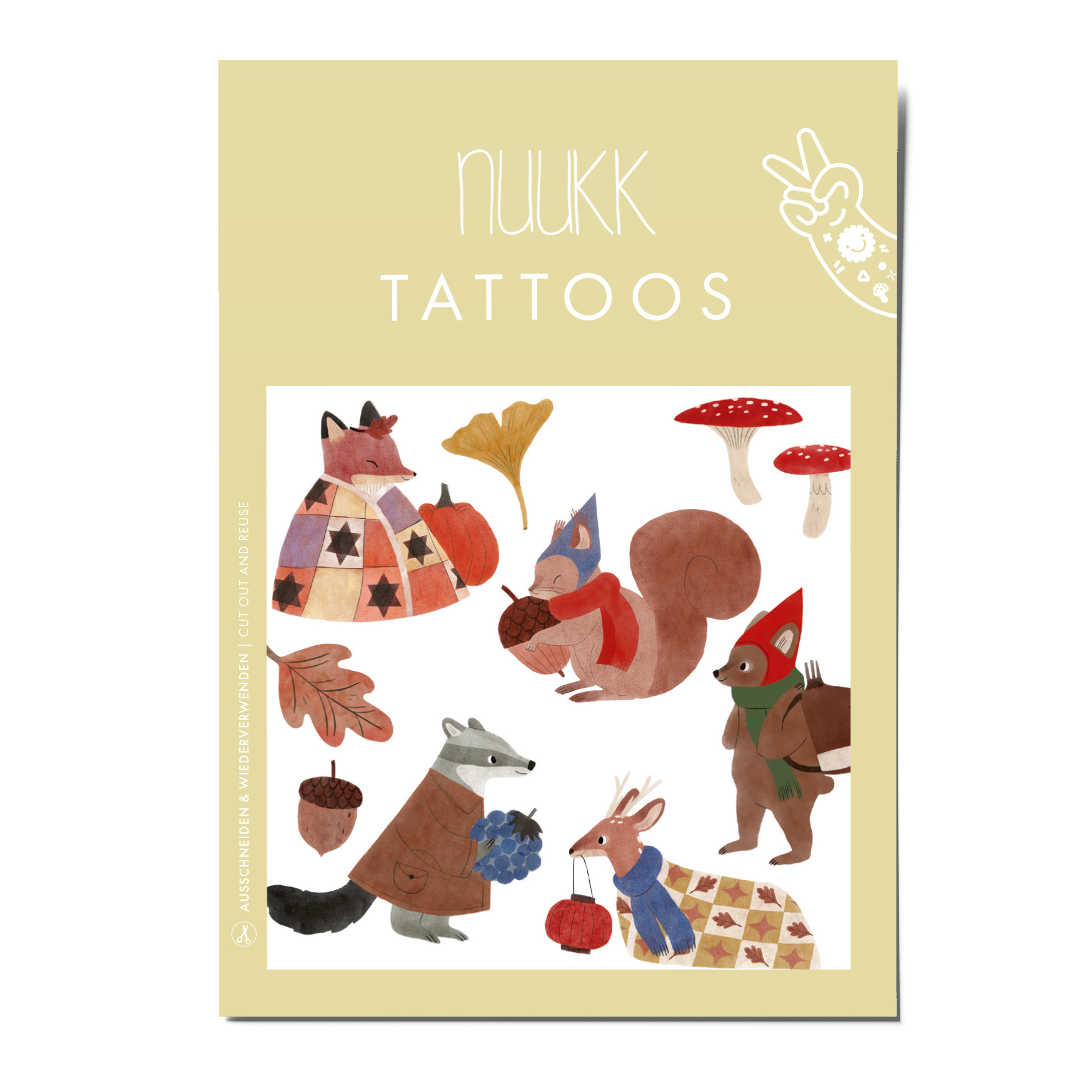 Kindertattoos Waldbewohner, Tattoos Waldbewohner, ohne Talc, one BHA, ohne PTFE, Eichhörnchen, Fuchs, Dachs, Reh, Bär, Pilze, Waldtiere Kindertattoos