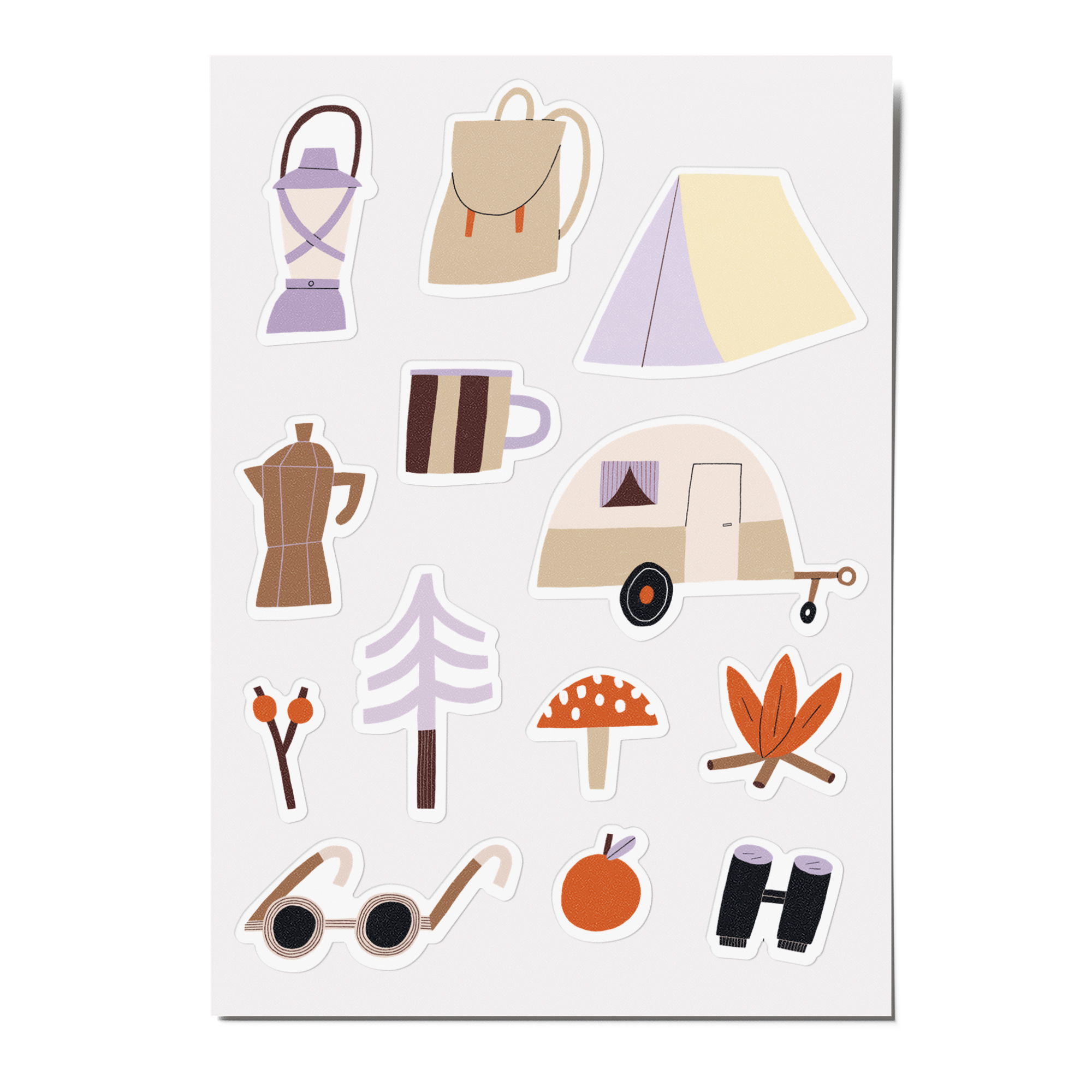 Feine Papieraufkleber Stickerbogen, Aufkleberset "Outdoor": Wohnwagen, Fliegenpilz, Baum, Tasse, Zelt, Rucksack