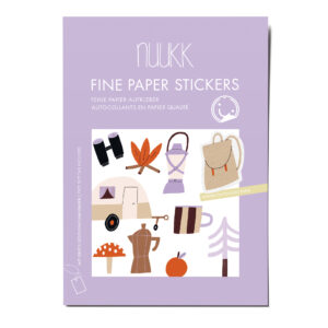 Feine Papieraufkleber Stickerbogen, Aufkleberset "Outdoor": Wohnwagen, Fliegenpilz, Baum, Tasse, Zelt, Rucksack