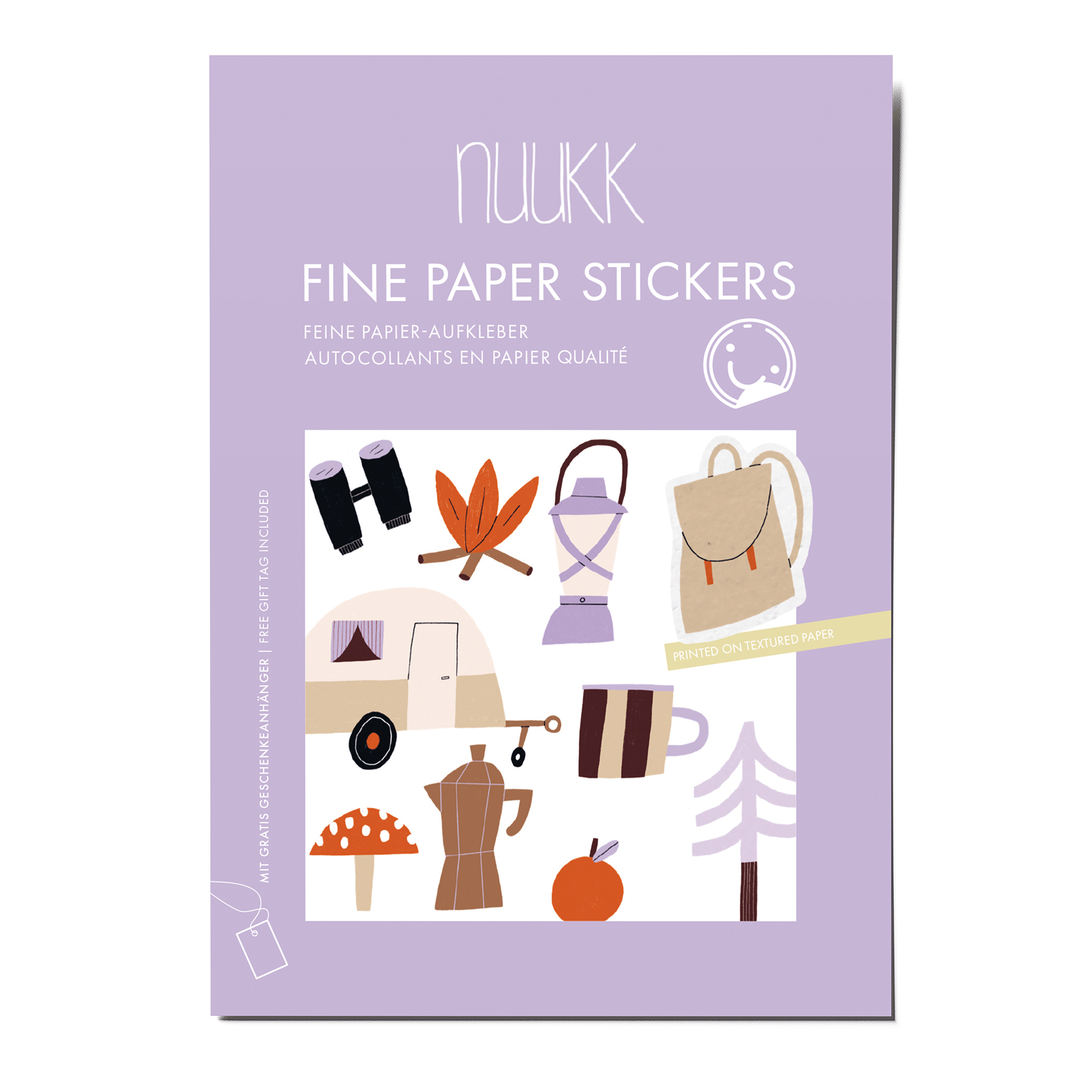 Feine Papieraufkleber Stickerbogen, Aufkleberset "Outdoor": Wohnwagen, Fliegenpilz, Baum, Tasse, Zelt, Rucksack