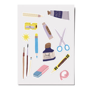 Feine Papieraufkleber Stickerbogen, Aufkleberset "Schule": Radiergummi, Stift, Schere, Tinte, Pinsel, Einschulung, Schultüte