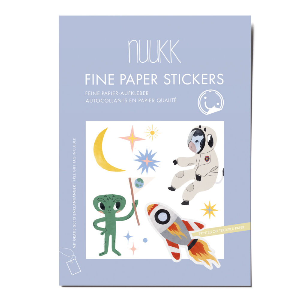 Feine Papieraufkleber Stickerbogen, Aufkleberset "Space": Alien, Mond, Sterne, UFO, Rakete, Weltraumkuh