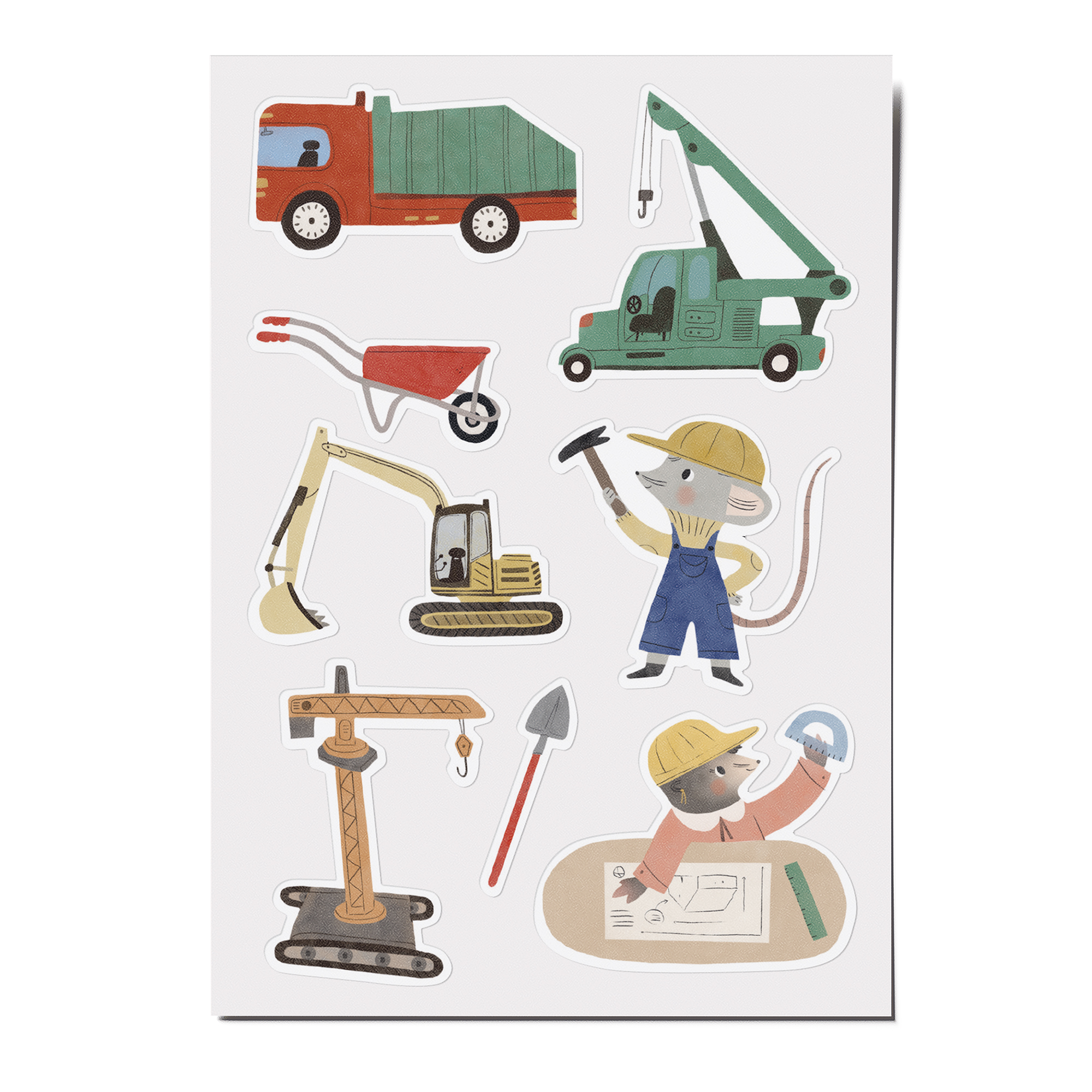 Feine Papieraufkleber Stickerbogen, Aufkleberset "Baustelle": Bagger, Kran, Maulwurf, Wühlmaus
