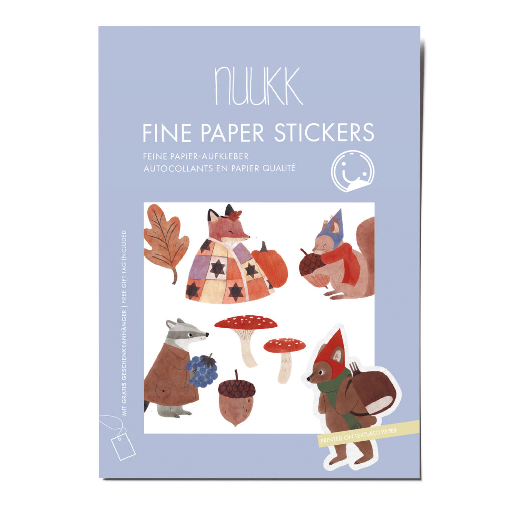 Feine Papieraufkleber Stickerbogen, Aufkleberset "Waldbewohner": Reh, Fuchs, Bär, Eichhörnchen, Waldtiere