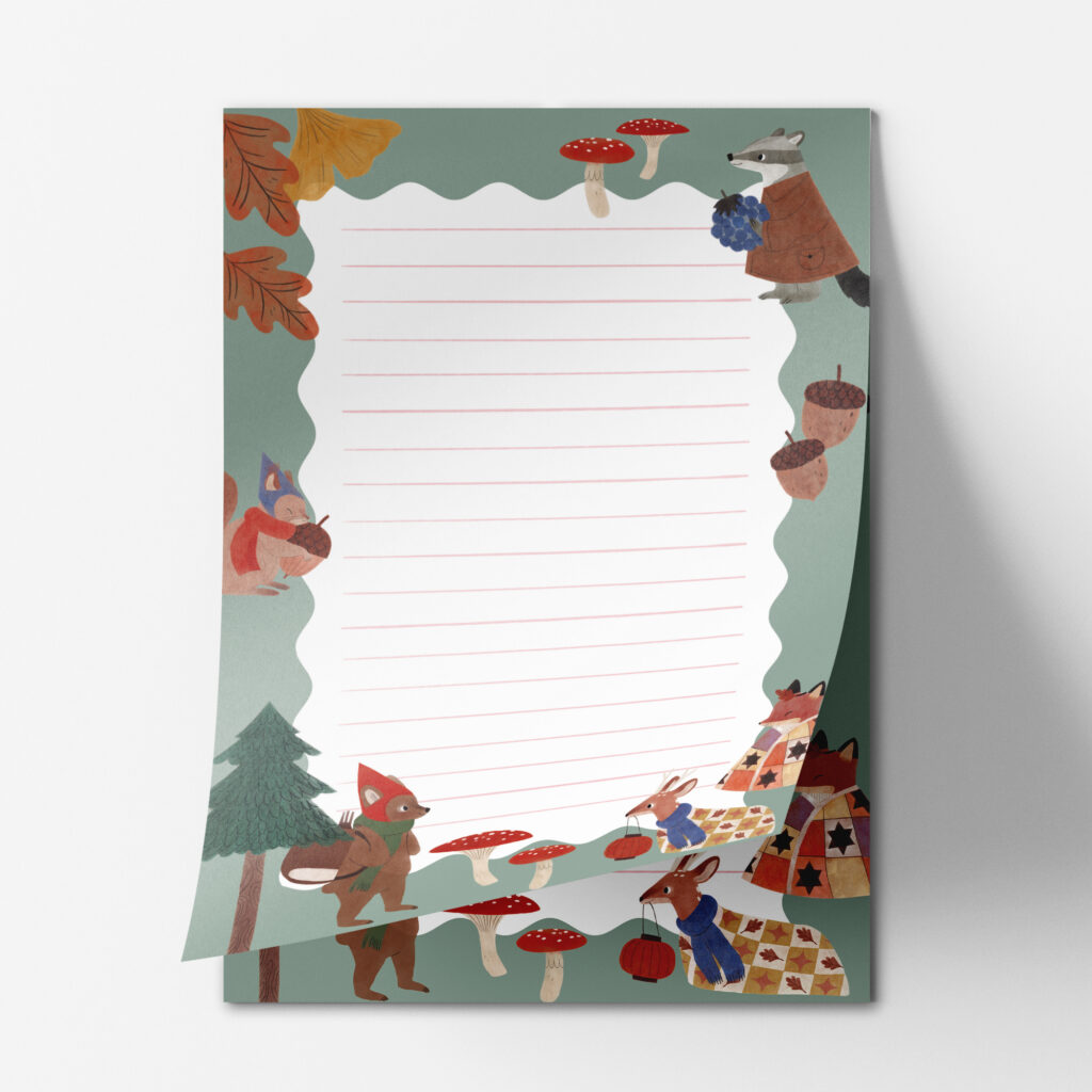 Waldbewohner Notizblock, 50 Seiten, Briefpapier für Kinder mit Waldtieren: Bär, Reh, Fuchs, Dachs, Fliegenpilz, Herbst