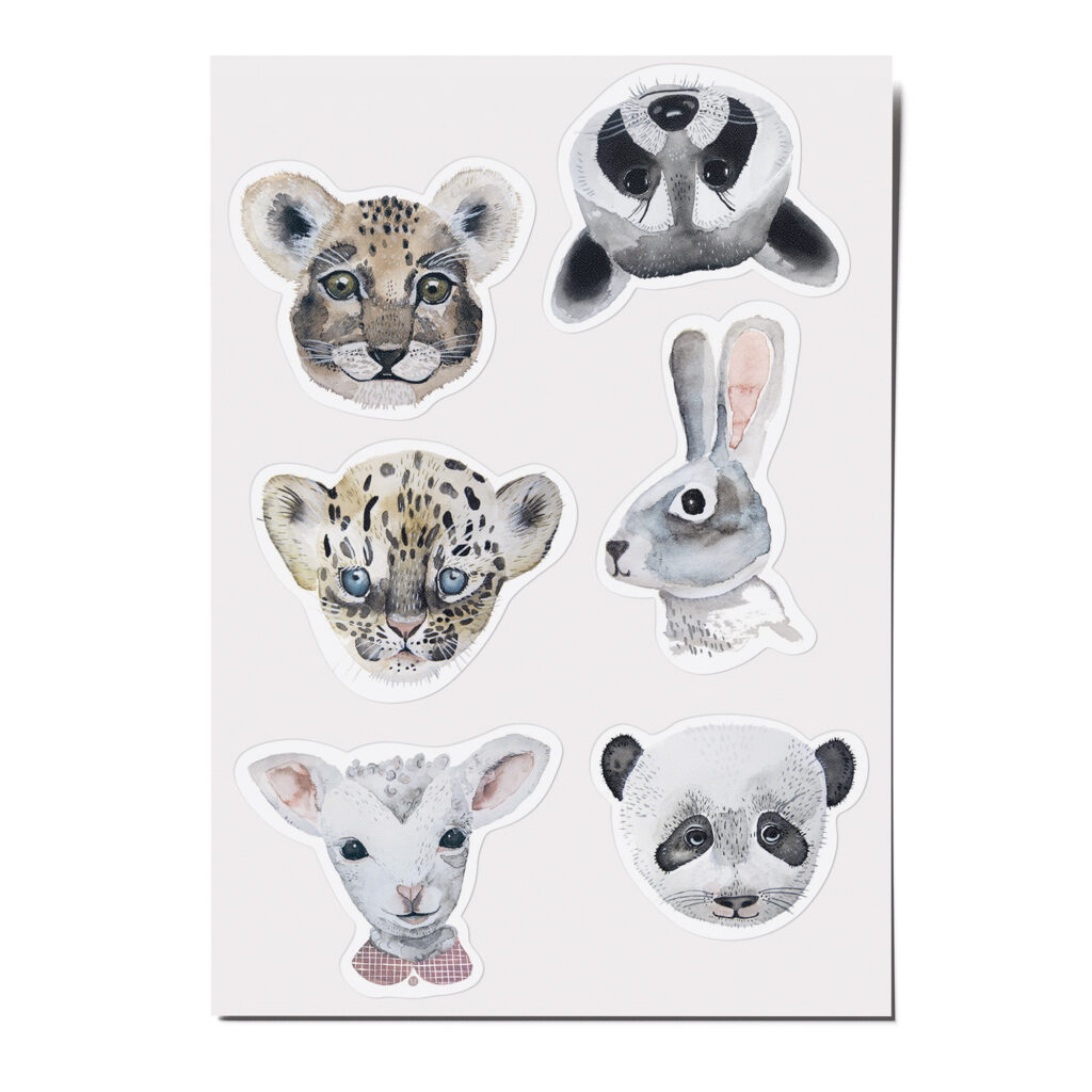 Feine Papieraufkleber Stickerbogen, Aufkleberset "Aquarelltiere": Leopard, Hase, Lamm, Panda