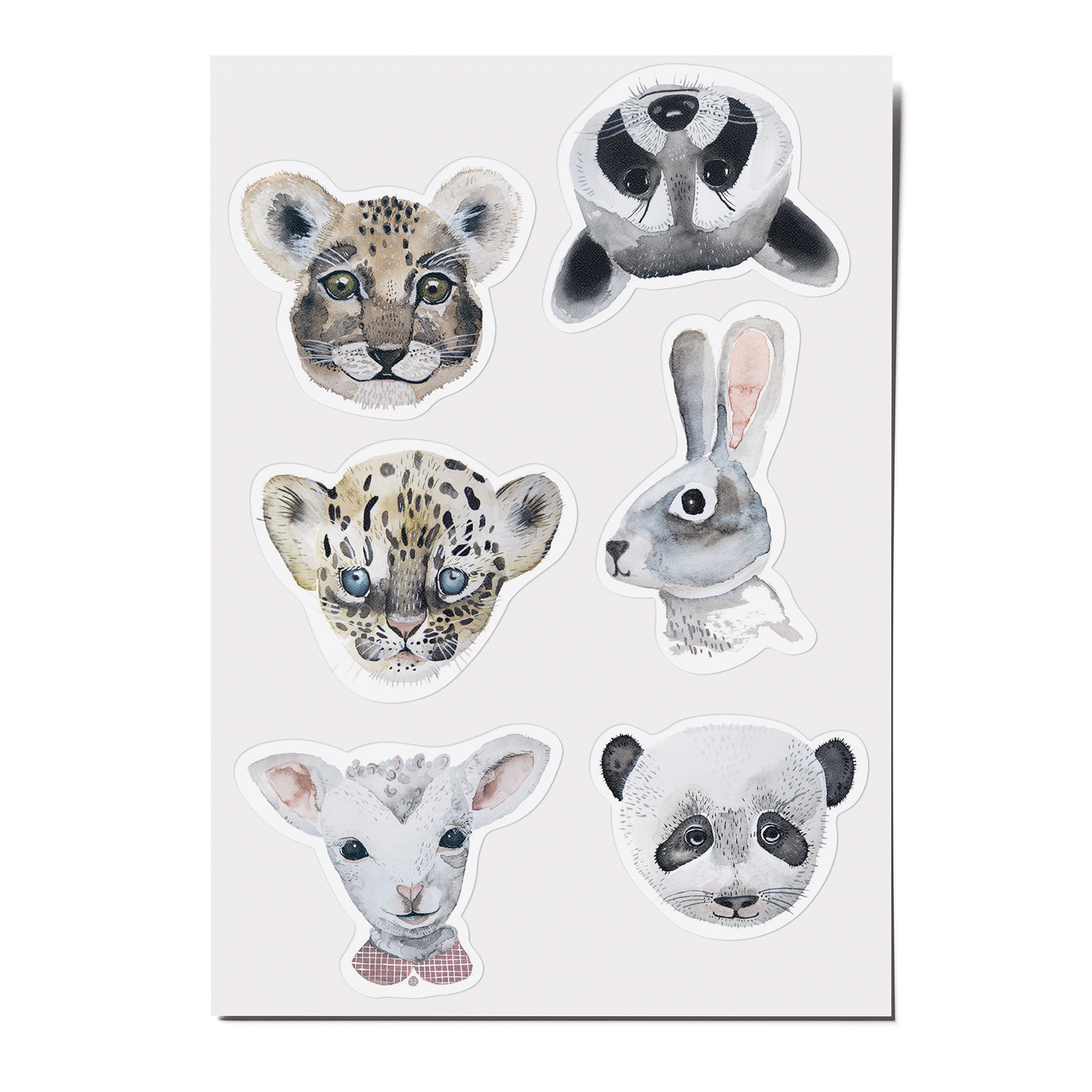 Feine Papieraufkleber Stickerbogen, Aufkleberset "Aquarelltiere": Leopard, Hase, Lamm, Panda