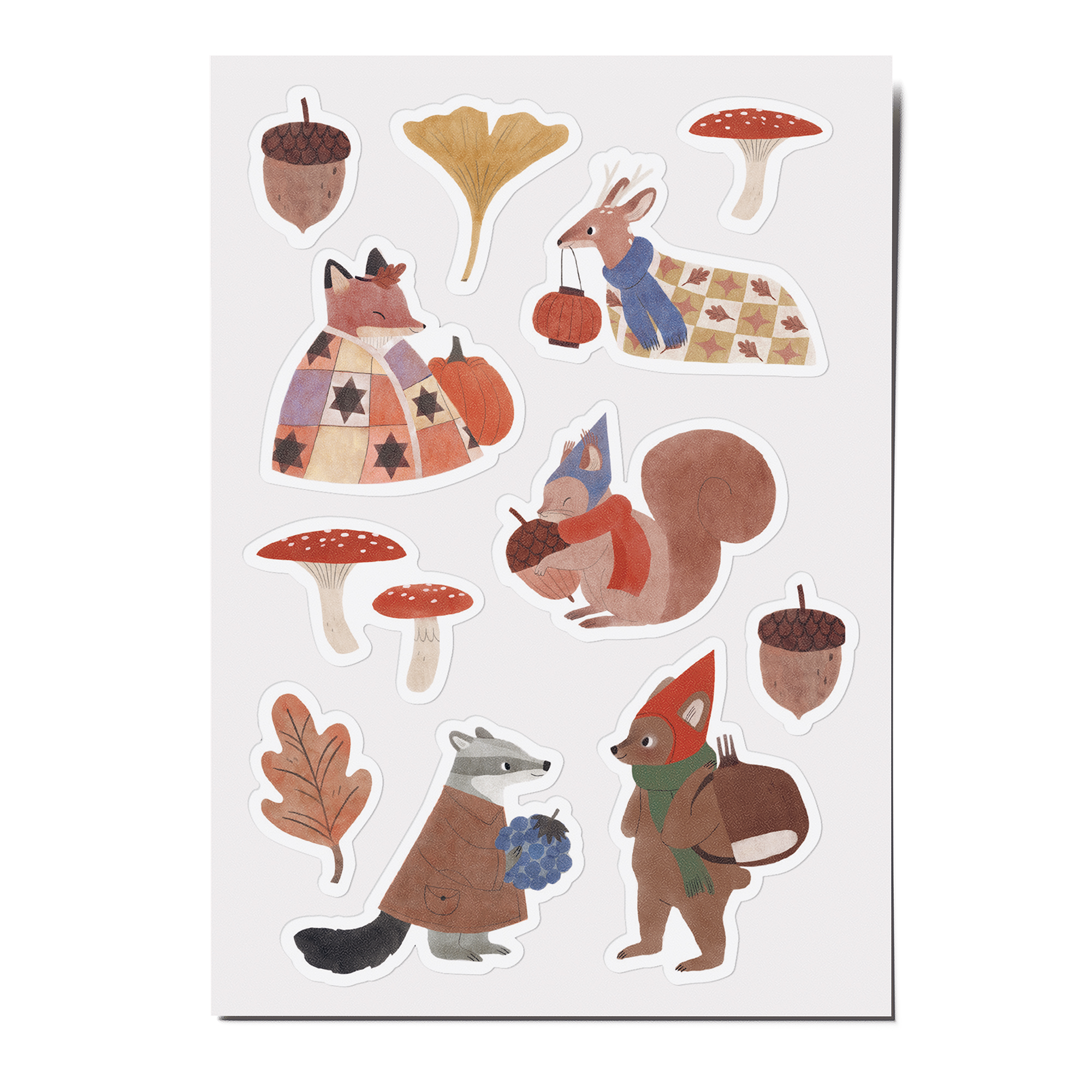 Feine Papieraufkleber Stickerbogen, Aufkleberset "Waldbewohner": Reh, Fuchs, Bär, Eichhörnchen, Waldtiere