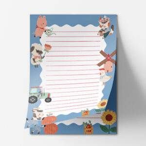 Bauernhof Notizblock, 50 Seiten, Briefpapier für Kinder mit süßen Bauernhoftieren, wie Schwein, Katze, Traktor, Kuh und Sonnenblume