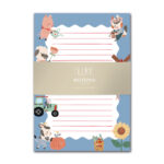 Bauernhof Notizblock, 50 Seiten, Briefpapier für Kinder mit süßen Bauernhoftieren, wie Schwein, Katze, Traktor, Kuh und Sonnenblume